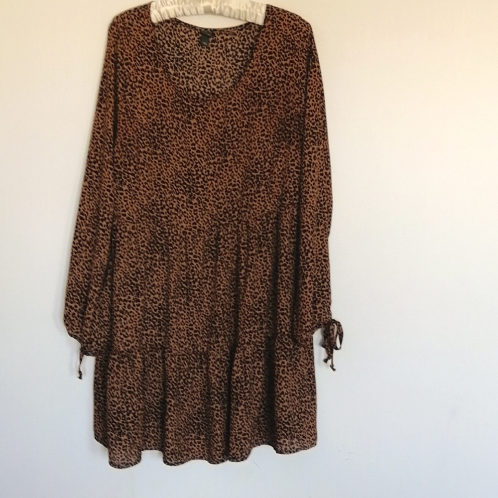 Wild Fable long sleeve leopard print midi dress, scoop neck, flowy, sz xl